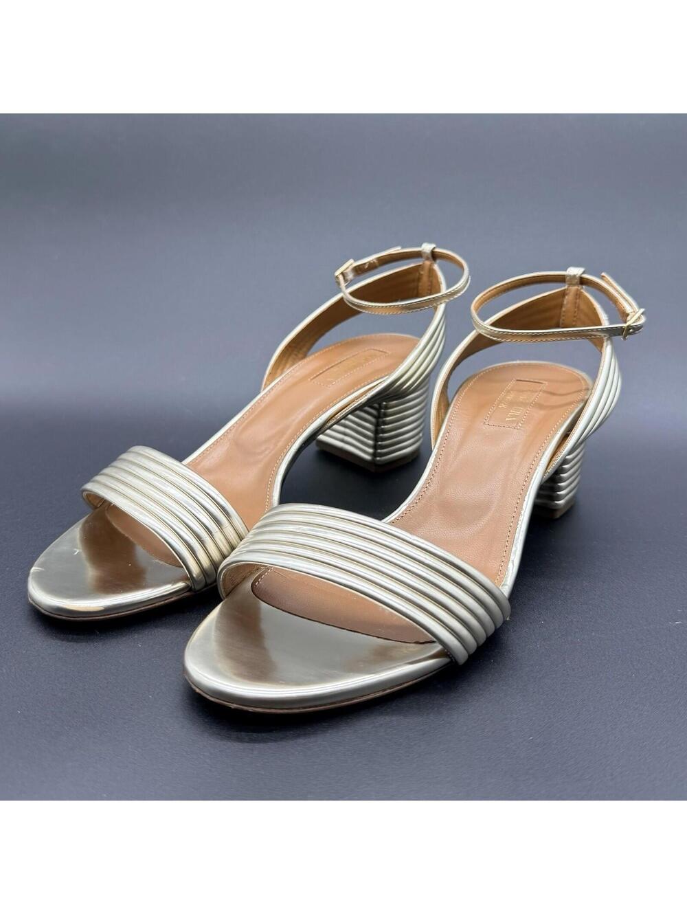 Aquazzura Sundance 50 Gold Metallic Strappy Heels Sandals IT 37.5 US 7 Designer